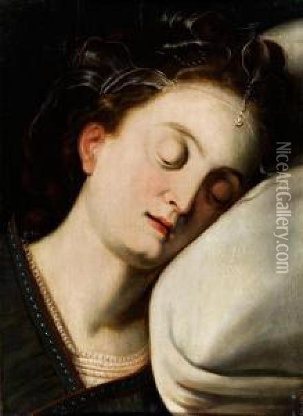 Kopfbildnis Einer Dame An Einem Weissen Tuch Schlafend. Oil Painting - Frans I Vriendt (Frans Floris)