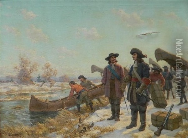 Lasalle And Tonti At The Long Portage Oil Painting - Edgar Spier Cameron
