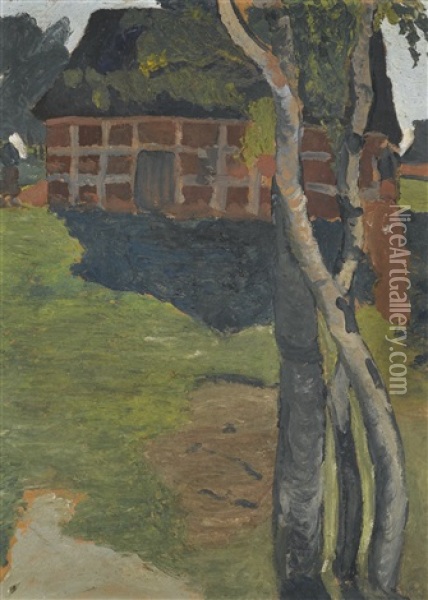 Birkenstamme Vor Scheune (birch Trees In Front Of A Barn) Oil Painting - Paula Modersohn-Becker
