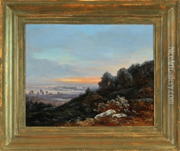 Blick Auf Weite Landschaft Mit Dorf Im Morgengrauen Oil Painting - Heinrich Buerkel