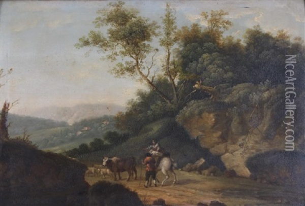 A Young Cowherd Playing A Pipe; A Husband And Wife Herding Sheep And A Cow (pair) Oil Painting - Francesco Giuseppe Casanova