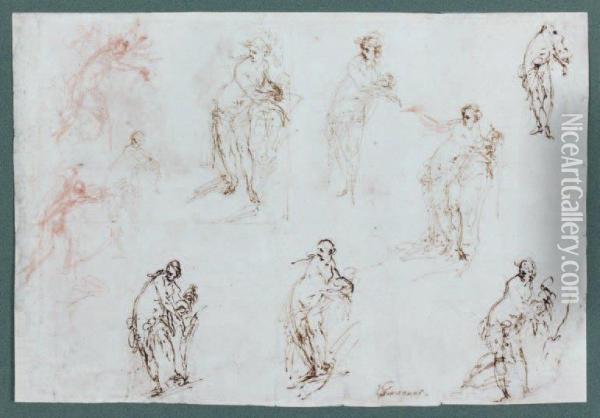 Recto : Huit Etudes De Figuresfeminines En Pied Et Deux Etudes De Personnages Oil Painting - Giovanni Giovanni da San (Mannozzi)