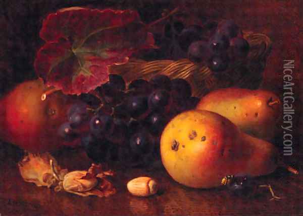 Pears, Cobnuts, Grapes in a wicker Basket, and a Wasp Oil Painting - Eloise Harriet Stannard