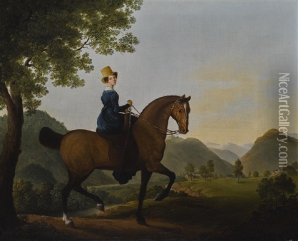 Portrait Of A Lady On A Horse, A Mountainous Landscape Beyond Oil Painting - Jacques-Laurent Agasse