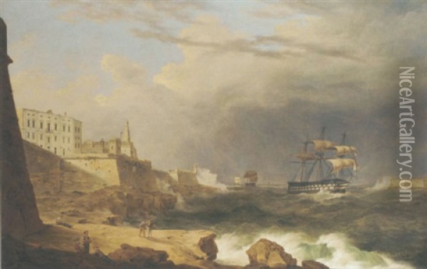 A Royal Navy Two-decker Leading A Squadron Into Grand Harbour, Valletta, In Heavy Weather Oil Painting - Joseph Schranz