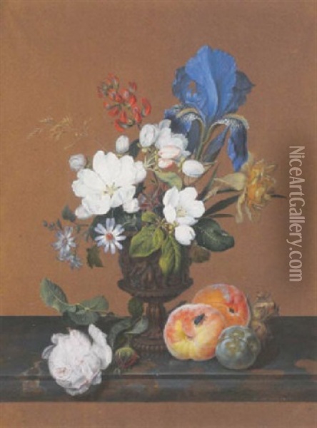 A Vase Of Roses, An Iris, Blue Daisies And Other Flowers On A Ledge With A Fly Setting On Two Peaches An A Greengage Oil Painting - Franz Xaver Nachtmann