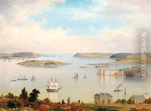 A panoramic view of Cork Harbour A two-decker, paddlesteamers and other shipping inshore Oil Painting - Irish School