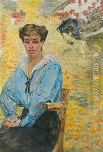 Lady In Blue Dress Oil Painting - Jacek Malczewski