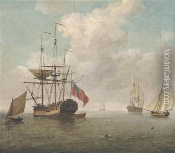 A Small Man O'war At Anchor With Cutters Under Sail Oil Painting - Charles Brooking