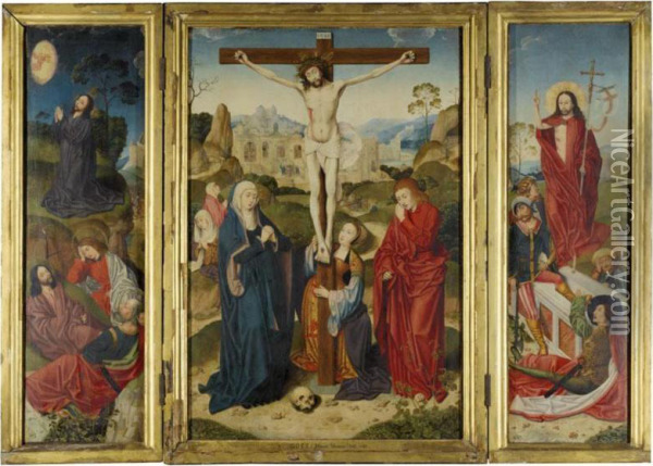A Triptych Representing The Crucifixion, Flanked By The Agony In The Garden And The Resurrection, With Scenes From The Passion Beyond Oil Painting - Bartholomaeus I Bruyn