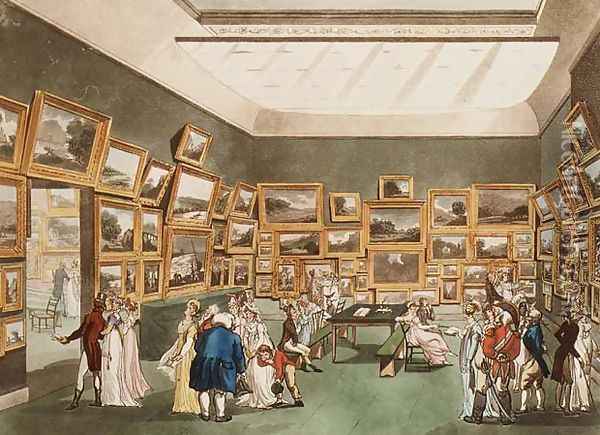 Old Bond Street Exhibition of Watercolour Drawings from Ackermanns Microcosm of London Oil Painting - T. Rowlandson & A.C. Pugin