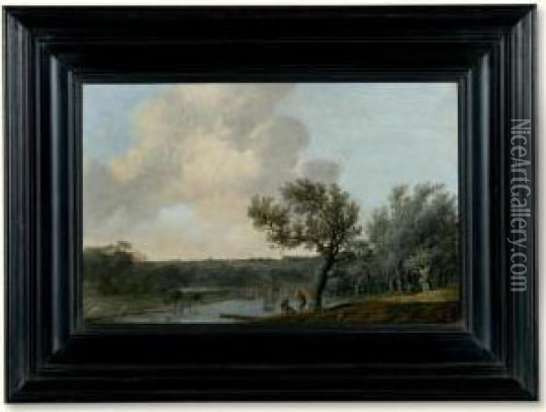 A Wooded River Landscape With A Bleaching Field Oil Painting - Anthony Jansz. Van Der Croos