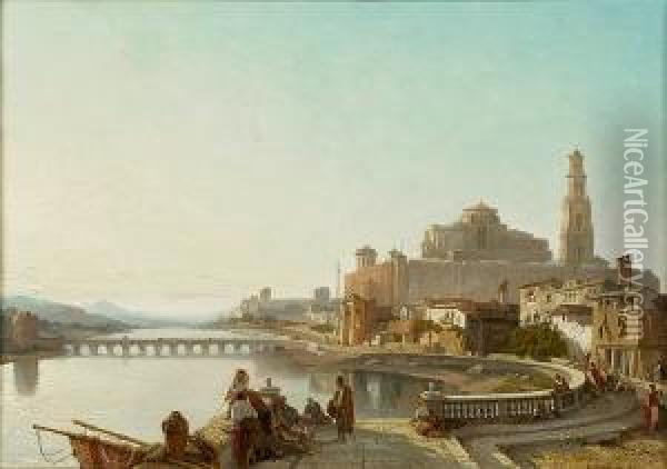 A View Of The Guadalquivir 
River, Cordoba, With The Roman Bridge And The Great Mosque In The 
Distance Oil Painting - Francois Antoine Bossuet