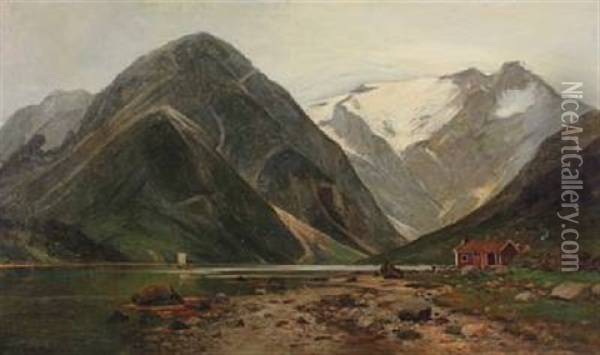 Scenery From A Norwegian Fiord With A Small Cabin In The Mountains Oil Painting - Laurits Bernhard Holst