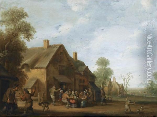 A Village Street With A Group Of Peasants Seated Outside An Inn, A Boy Playing With A Dog In The Foreground Oil Painting - Joost Cornelisz. Droochsloot