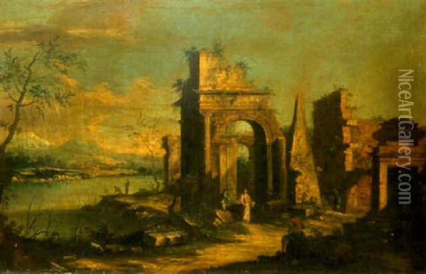 Caprice De Ruines Architecturales Pres D'un Lac Dans La Campagne Venitienne Oil Painting - Francesco Battaglioli