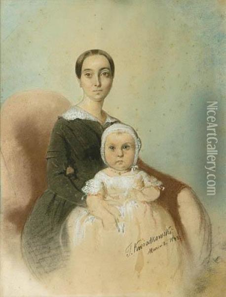 Portret Matki I Corki Oil Painting - Teofil Kwiatkowski