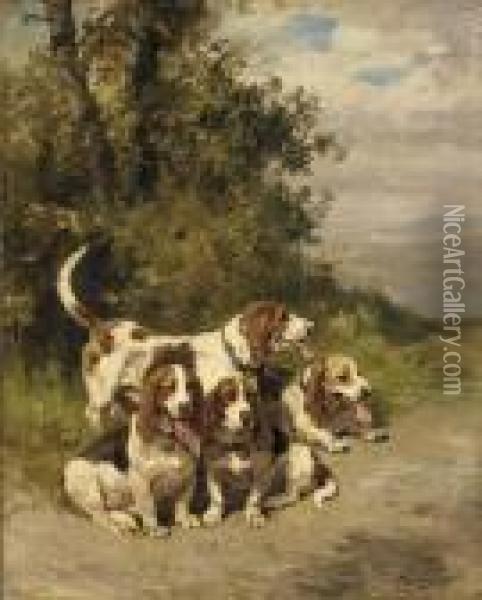 Hunting Dogs On A Forest Path Oil Painting - Charles Olivier De Penne