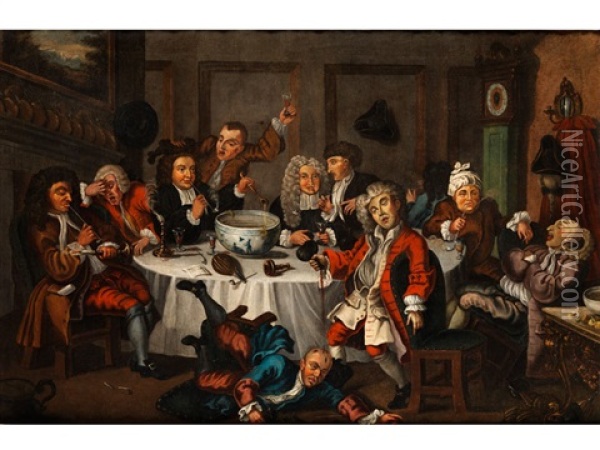 Pfeiferauchende Und Trinkende Manner Um Einen Runden Tisch Oil Painting - William Hogarth