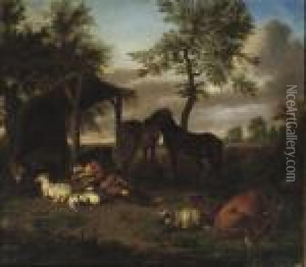 A Herdsman Sleeping Outside A Shed Among His Herd In A Wooded Landscape Oil Painting - Adrian Van De Velde