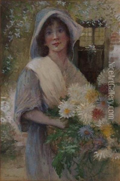 A Young Girl Holding A Bunch Of Flowers Outside A Cottage Oil Painting - James Mackay