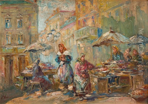 In The Market Oil Painting - Erno Erb
