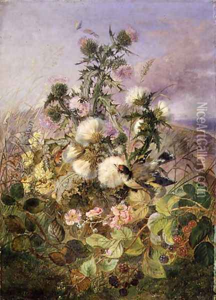 A Goldfinch and a Butterfly amongst Thistles and Blackberry Blossom, 1863 Oil Painting - John Wainwright