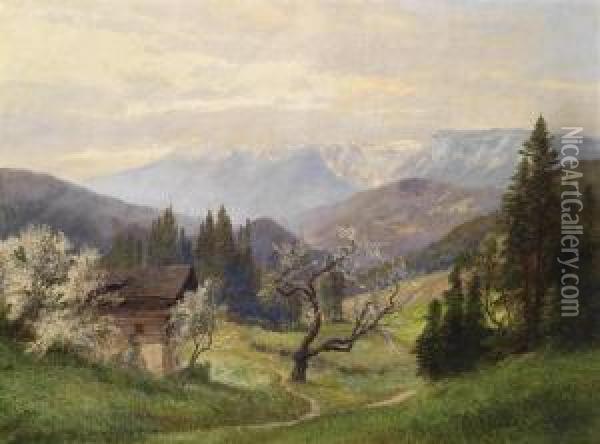 Spring, With Snow-covered Mountains In The Background Oil Painting - Konrad Petrides