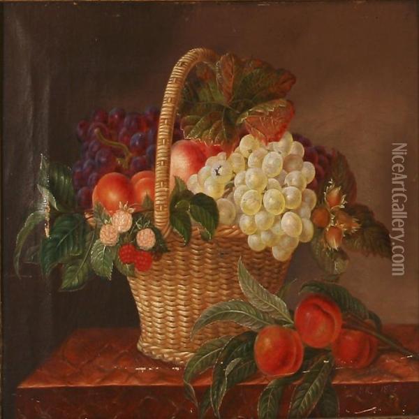 A Pair Of Still Lifes With Flowers And Fruit Oil Painting - I.L. Jensen