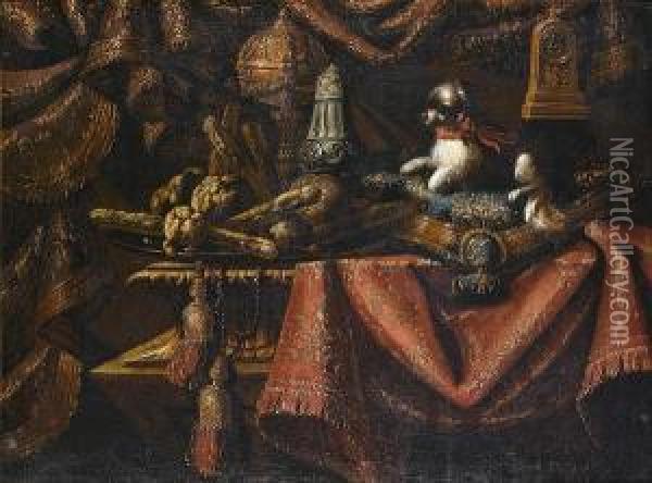 A Dog Resting On A Cushion With A Silver Gilt Ewer On A Draped Table-top Oil Painting - Antonio Tibaldi
