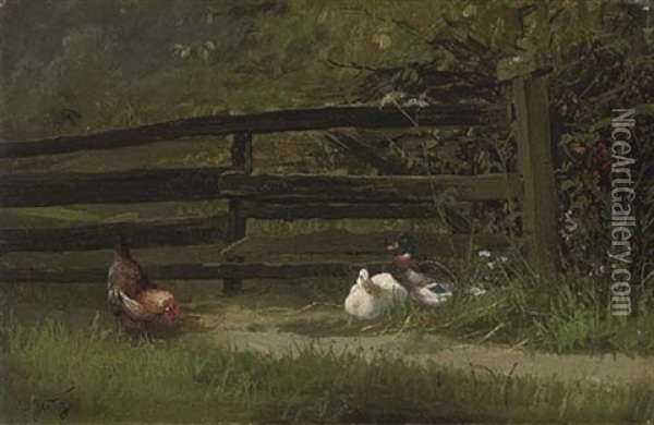 Chickens And Ducks At The Farm Fence Oil Painting - Carl Jutz the Elder