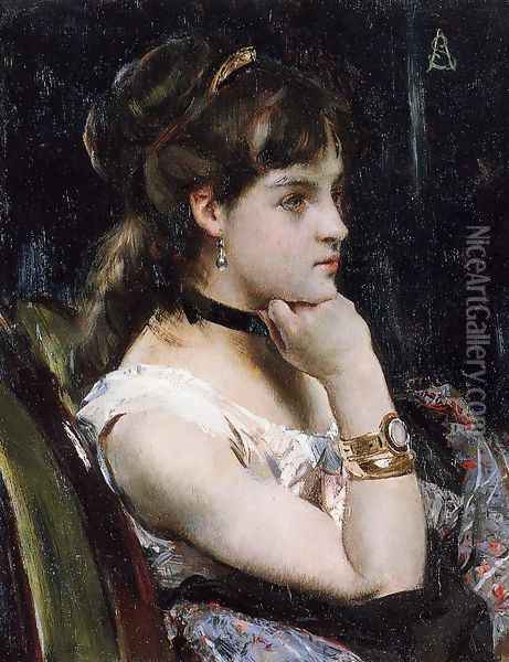 Woman Wearing a Bracelet Oil Painting - Alfred-Emile-Leopole Stevens