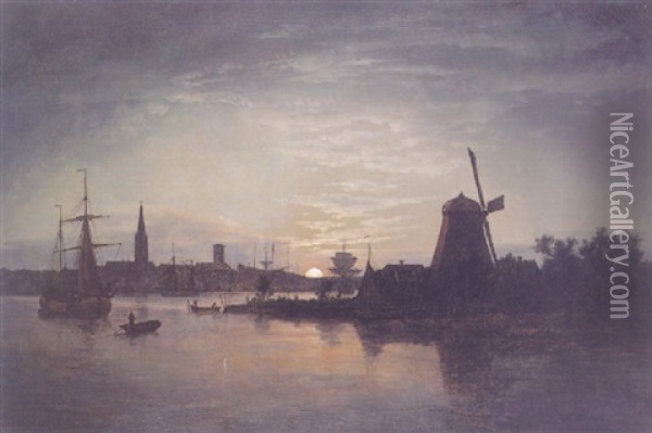 The Oder Near Svinemunde, Moonlight Oil Painting - Johan Christian Dahl