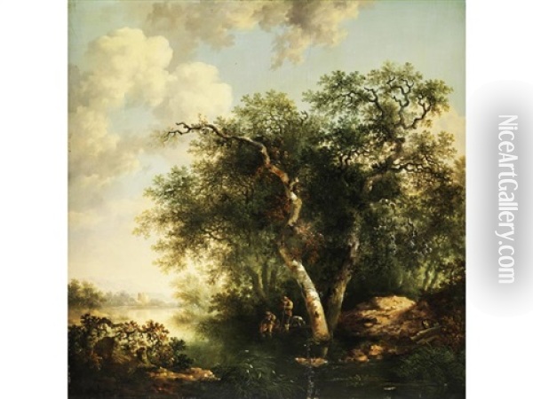 Landschaft Mit Hohen Baumen Am Flussufer Mit Figurenstaffage Oil Painting - Barend Cornelis Koekkoek