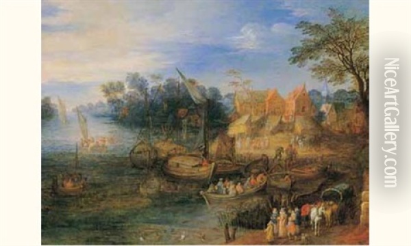 Scene De Marche En Bordure D'estuaire Oil Painting - Joseph van Bredael