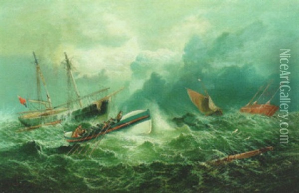 Et Skibbrud Pa Havet, Mandskabet Er Gaet Om Bord I Redningsbaden Oil Painting - Thomas Rose Miles