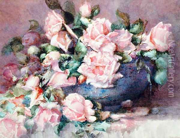 A Bowl of Pink Roses Oil Painting - Melicent Grose
