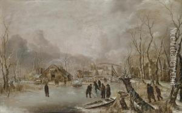 Winter Landscape With Skaters And Kolf Players On A Frozen Waterwayby A Village Oil Painting - Jan Van De Capelle