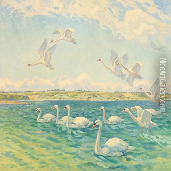 A Flock Of Swans At A Larger Lake Oil Painting - Wilfred Peter Glud