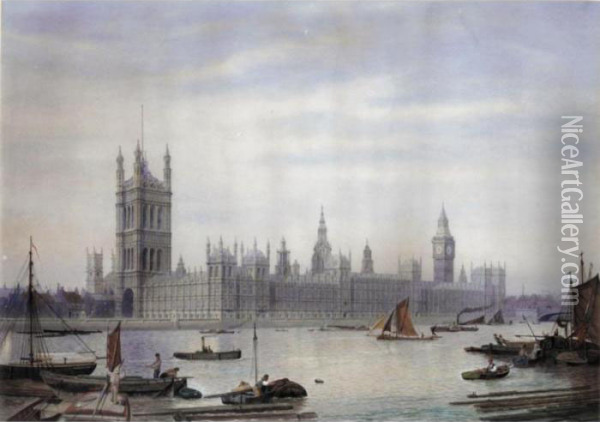 Barges On The Thames By The Houses Of Parliament Oil Painting - James Lawson Stewart