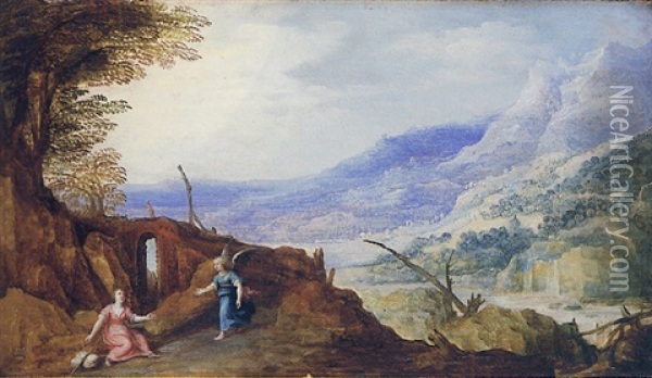 An Extensive Mountainous Landscape With An Angel Appearing To Hagar Oil Painting - Joos de Momper the Younger