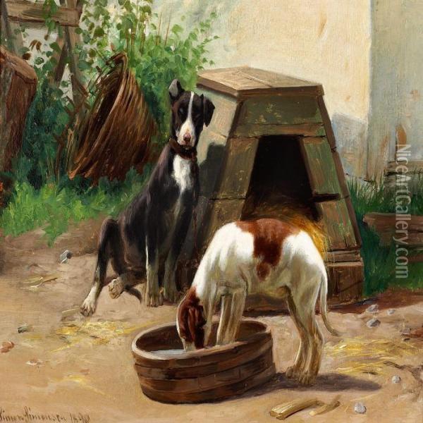 Puppies In A Kennels Oil Painting - Simon Simonson