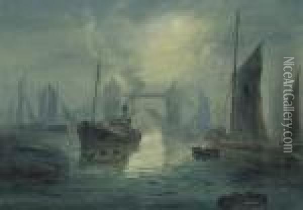 Shipping On The Thames At Night Oil Painting - Walter Meegan