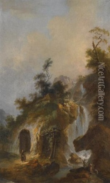 A Landscape With A Hermit's Shrine At The Bottom Of A Waterfall, Possibly The Falls At Tivoli Oil Painting - Michael Wutky