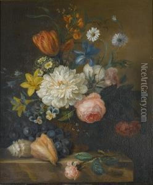 Roses, A Tulip, Violets, An Iris
 And Other Flowers In A Bronze Urn With A Rose, Conch Shells And Grapes
 On A Stone Ledge Oil Painting - Willem van Leen