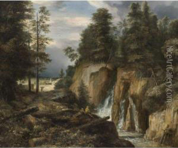 Rocky Landscape With A Waterfall And Two Figures Resting Oil Painting - Roelandt Roghmann