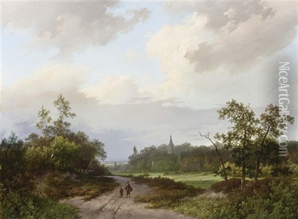 Travellers On A Country Road, A Church In The Distance Oil Painting - Marinus Adrianus Koekkoek