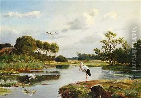 Sommerdag Med Storke Ved En So Oil Painting - Olaf August Hermansen