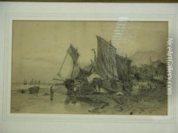 Hastings, Beached Fishing Smacks Oil Painting - Lizzie S.D. Taylor,