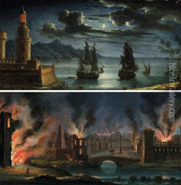Der Fall Von Troja (+  Nachtliche Hafenszene Mit Leuchtturm; Pair) Oil Painting - Orazio Grevenbroeck